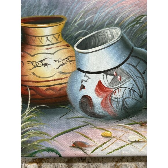 Vtg Native American Painting Indian Pottery Signed Thomas Southwestern Deco 10x8 - Picture 2 of 8